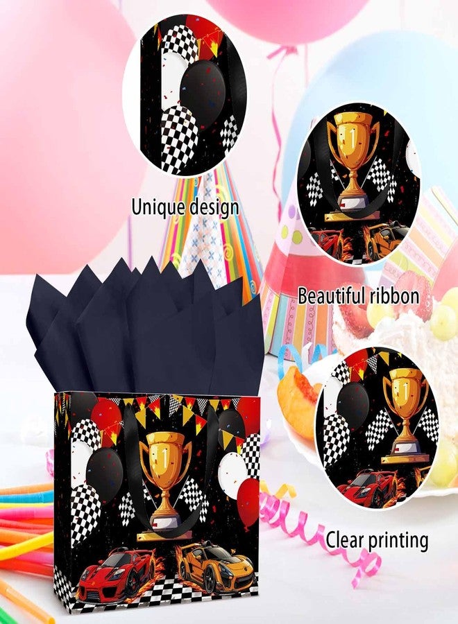 MUNILAIL 13 Inches Race Car Gift Bag with Tissue Paper Handle and Greeting Card Checkered Flag Gift Bag for Boys Birthday Baby Shower Racing Car Party Supplies Large Paper Gift Bag - Image 4